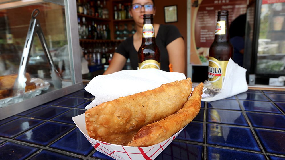 A blue crab empanada, a fresh and tasty Puerto Rican food you can find along Kiosko Loquillo in the town of Loquillo.