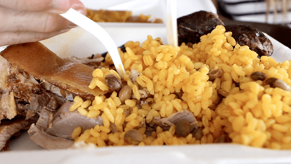 Arroz con gandules, a Puerto Rican dish made from rice, pigeon peas, pork, and sofrito
