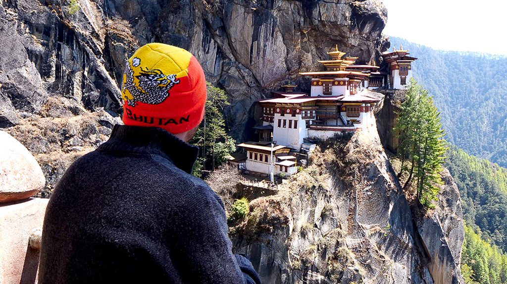 Viewing Tiger's Nest Monastery from the winding path north of Paro, Bhutan.