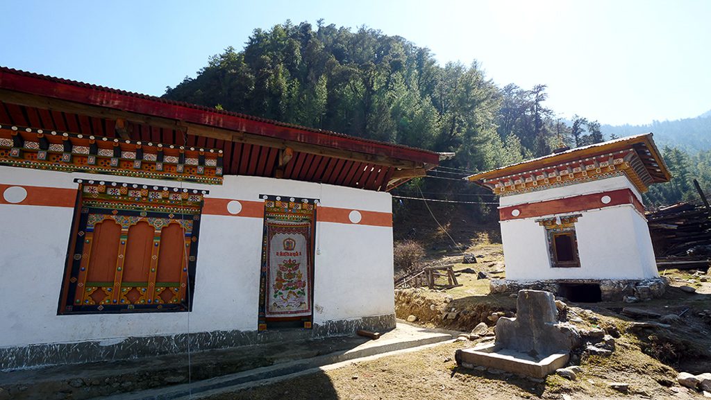 Buddhist temple on the other side of the Haa Chhu River in Haa Valley, Bhutan