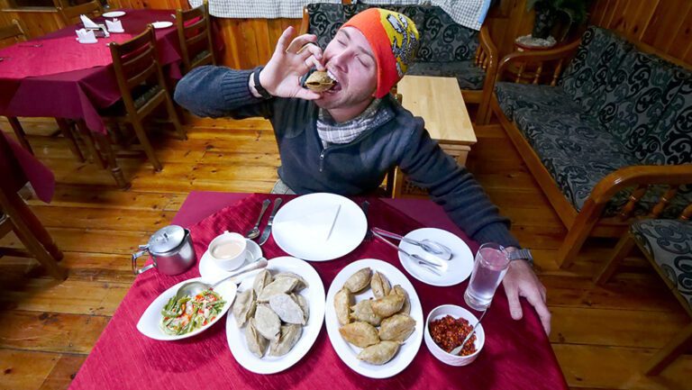 Enjoying steamed & fried hoentay and ema datshi in Haa Valley