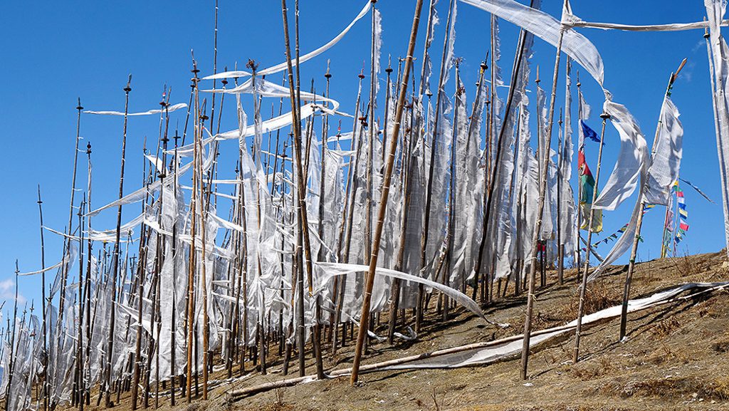 A forest of prayer flags at Chele La Pass on the way to Haa Valley, Bhutan
