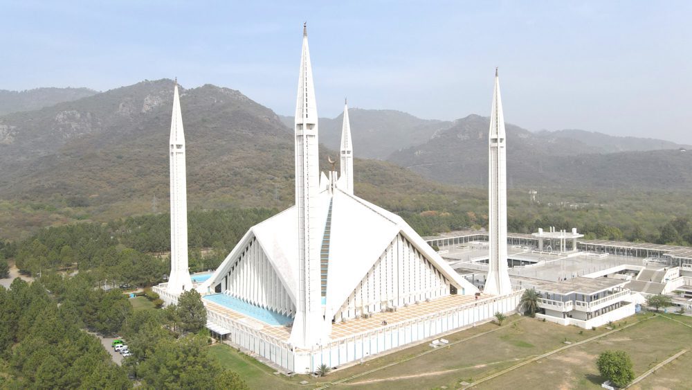 Aerial view of Faisal Mosque in Islamabad, Pakistan
