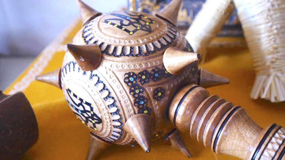 A decorative mace inside a traditional home in Marynivka, Ukraine