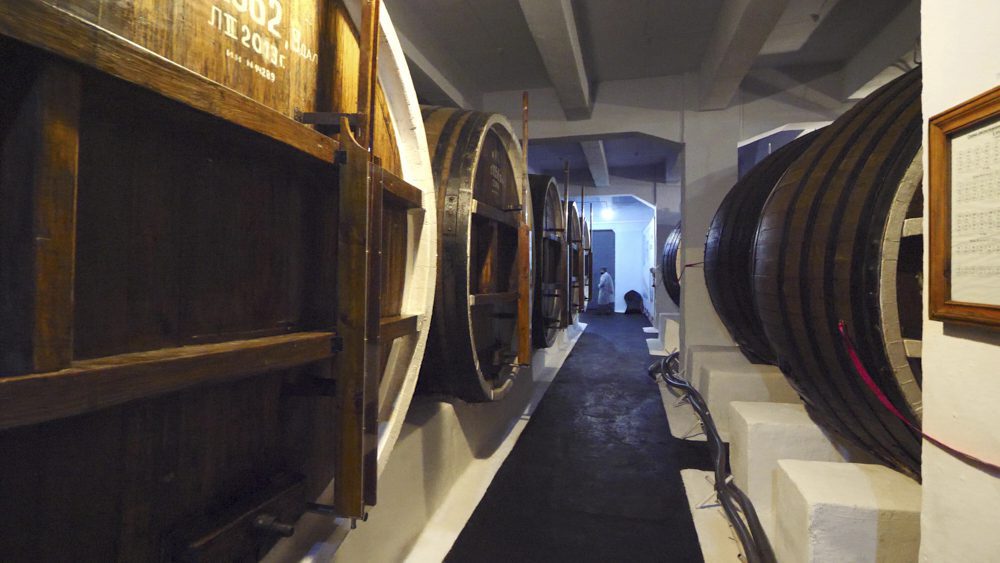 Barrels of cognac at Shustov Cognac Museum in Odessa