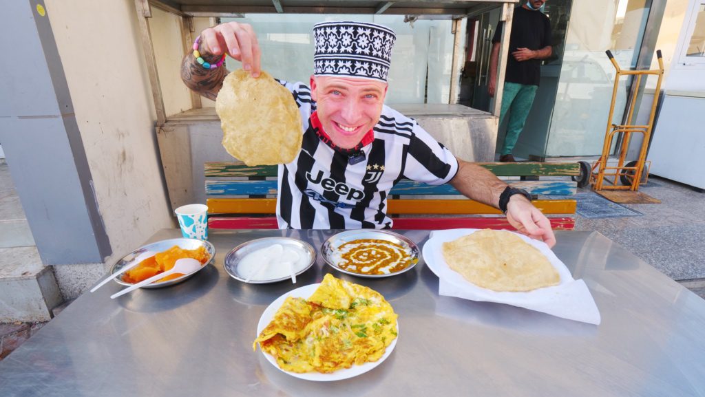 Enjoying a Pakistani breakfast in Muscat, Oman