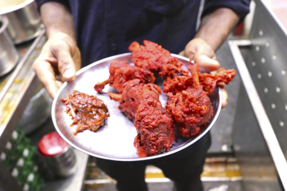 A tray of chicken lollipops on Mohammad Ali Road in Mumbai, India