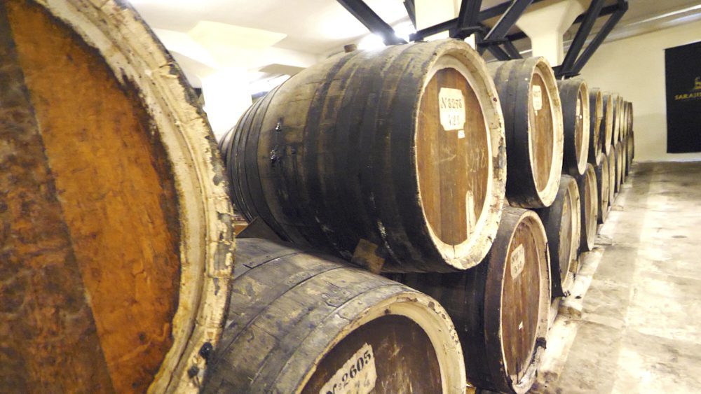Barrels full of brandy at JSC Sarajishvili Brandy Factory in Tbilisi, Georgia