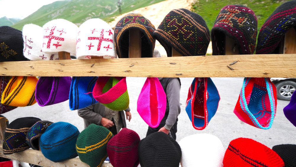 Traditional hats sold by a local vendor  near Kasbegi, Georgia