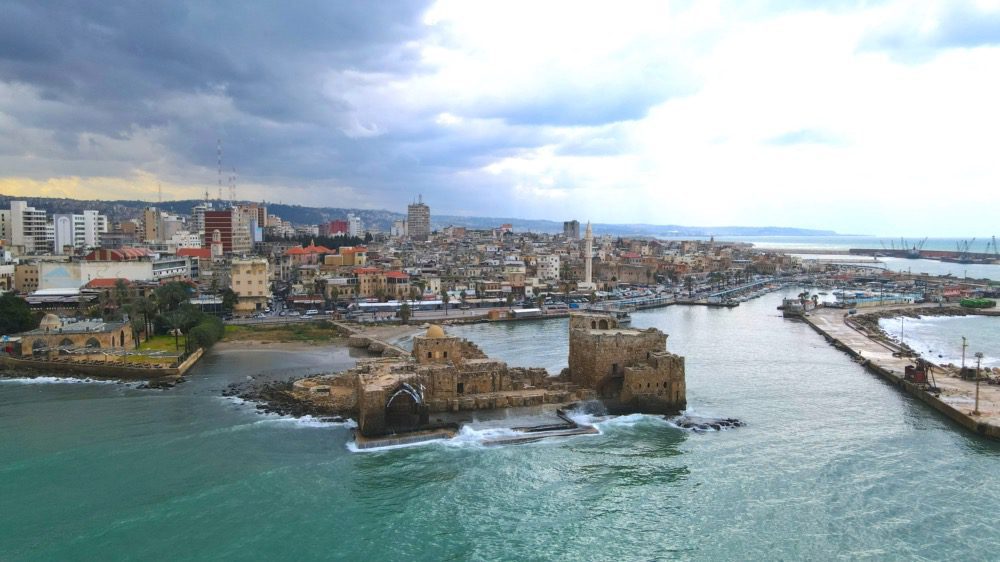 Drone shot of Sidon Sea Castle in Sidon, Lebanon