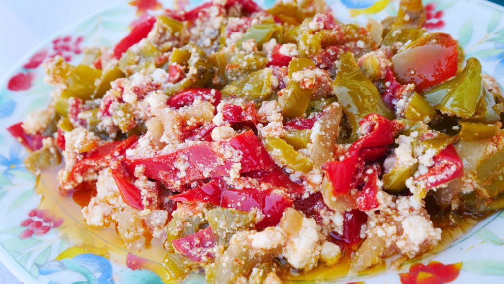 Fërgesë, an Albanian food made from peppers, tomatoes, onions, cheese, and eggs | David's Been Here