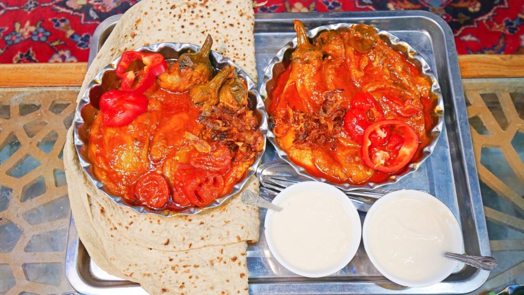 Roasted eggplant and vegetables with curd and lavash at Azadegan Teahouse in Isfahan, Iran | Davidsbeenhere