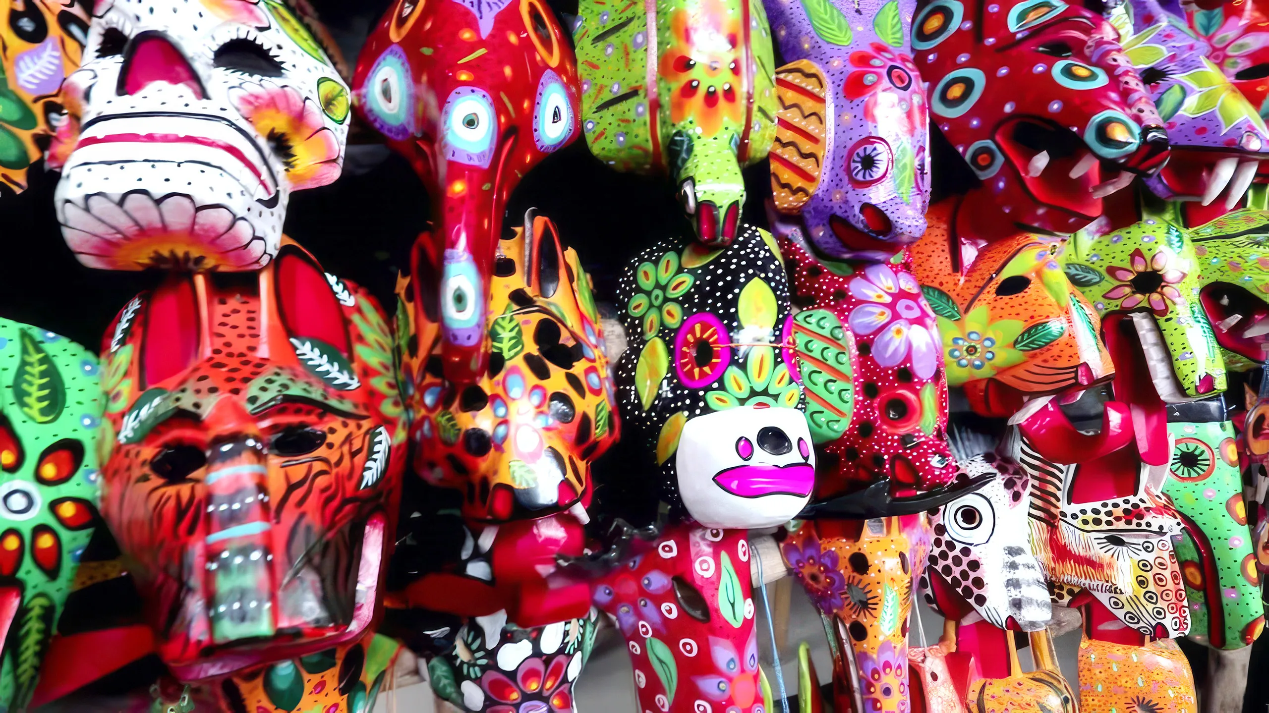 Colorful masks in a market in Chichicastenango, Guatemala
