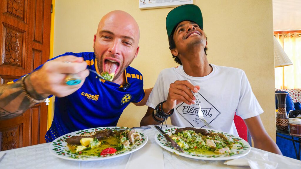David Hoffmann and his guide Craig eat black pudding and souse | Davidsbeenhere
