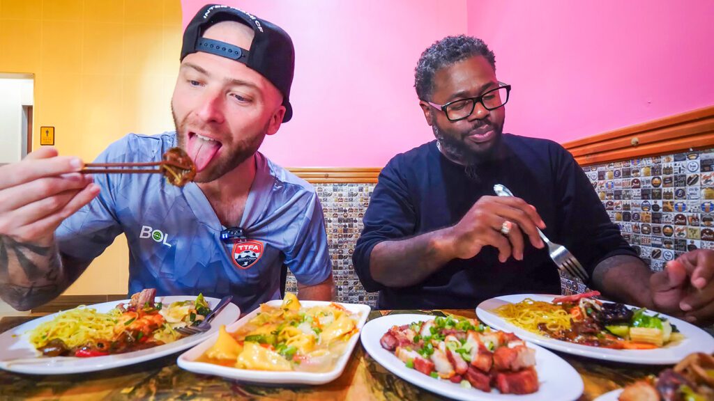 David Hoffmann and his friend Quincy enjoy Trinidad Chinese food at Wing Hua Restaurant in Port of Spain | Davidsbeenhere