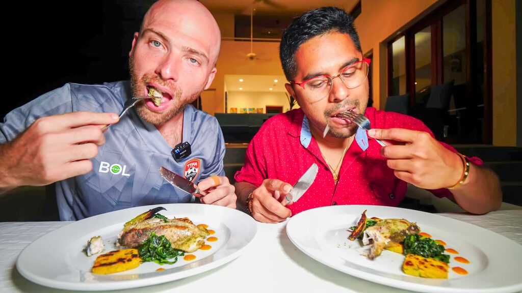David Hoffmann and Chef Jason Peru eat their chef-prepared dinner at the luxury villa called Villa Being in Tobago | Davidsbeenhere