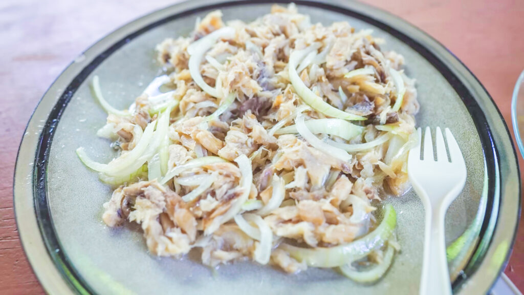 Saltfish and onions, a Dominican bush food served at Indian River Bush Bar in Dominica | Davidsbeenhere