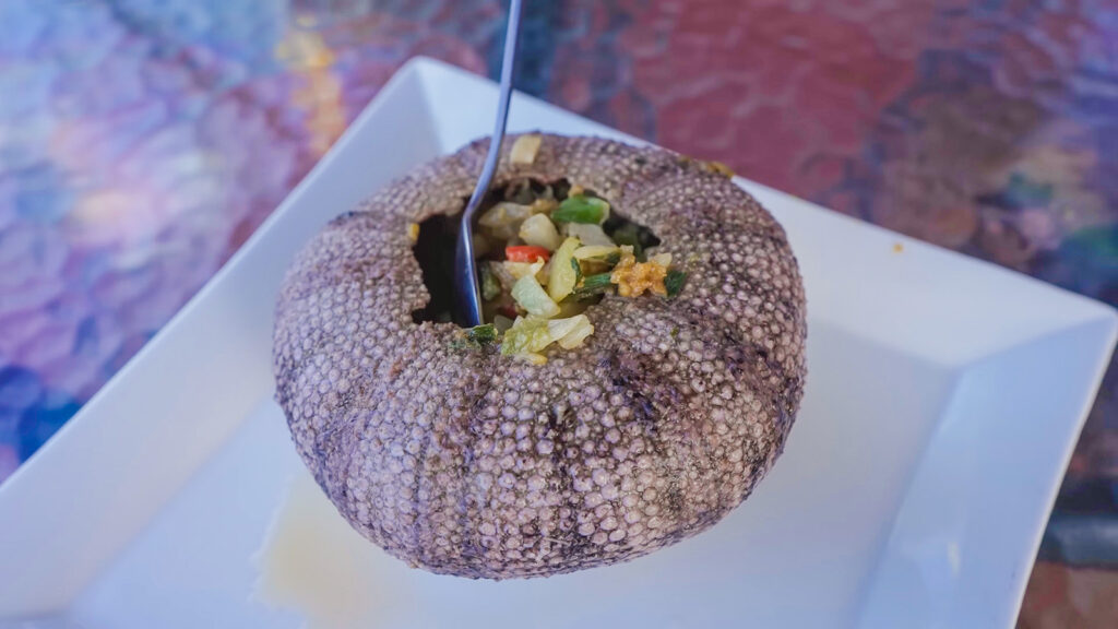 Sea urchin meat, herbs, and vegetables cooked inside its own shell in Dominica | Davidsbeenhere