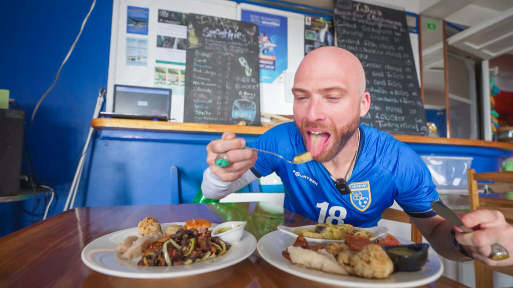 David Hoffmann eats his seafood feast at InDee's Beach Bar & Restaurant on Mero Beach | Davidsbeenhere