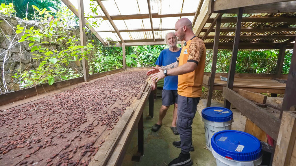 Alan from Pointe Baptiste Estate shows David Hoffmann how they dry cacao beans in the sun | Davidsbeenhere 